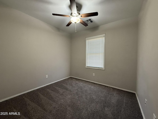 unfurnished room featuring baseboards, visible vents, dark colored carpet, and a ceiling fan