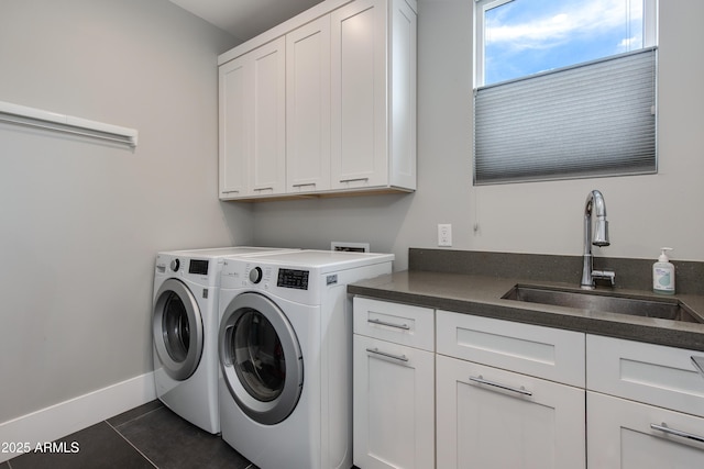 4331 N 19th Pl, Phoenix, AZ 85016 - laundry area featuring cabinet space, a sink, dark tile patterned floors, baseboards, and washing machine and dryer