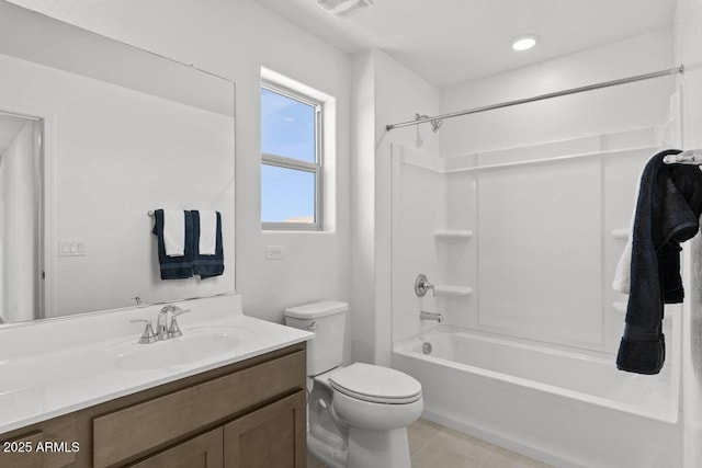 full bath with shower / bathtub combination, toilet, visible vents, vanity, and tile patterned floors