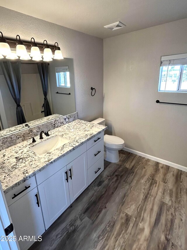 bathroom featuring toilet, vanity, and wood-type flooring