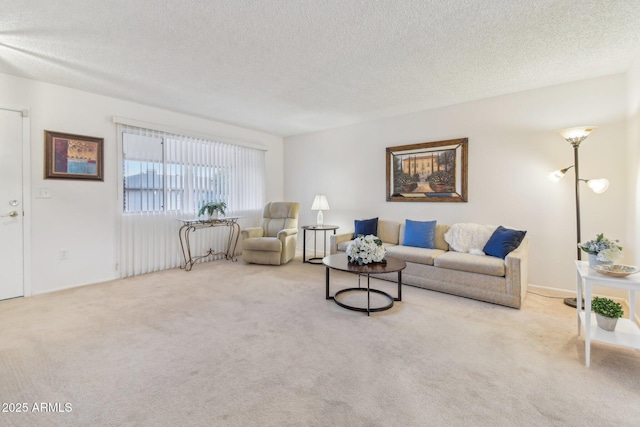 carpeted living room with a textured ceiling