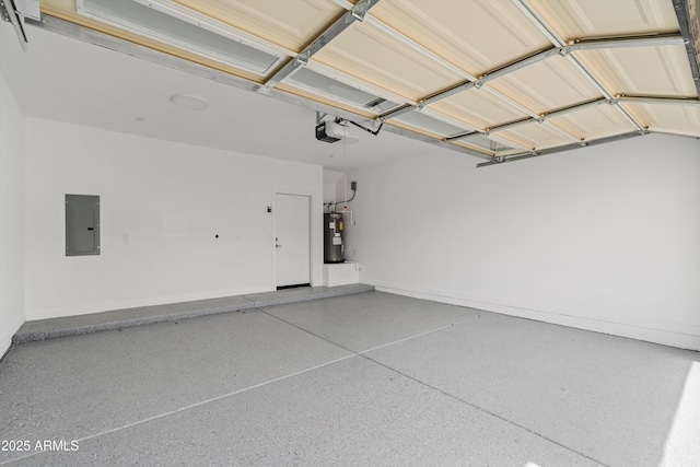 garage featuring water heater, baseboards, a garage door opener, and electric panel