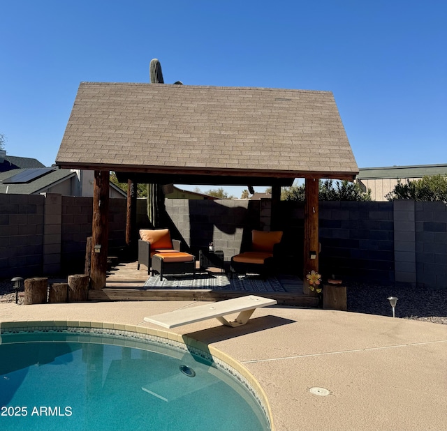 12512 N 85th Ave, Peoria, AZ 85381 - view of swimming pool with a fenced backyard, a patio, a gazebo, and a diving board