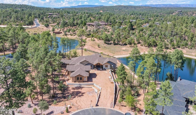 drone / aerial view featuring a water and mountain view