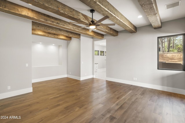 1804 E Senna Pt, Payson, AZ 85541 - interior space featuring hardwood / wood-style floors, visible vents, ceiling fan, beamed ceiling, and baseboards
