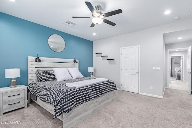 carpeted bedroom featuring visible vents, recessed lighting, baseboards, and ceiling fan