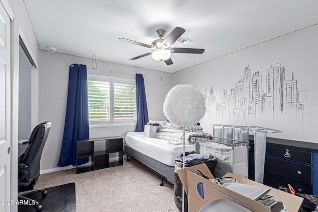 carpeted bedroom with visible vents, baseboards, and ceiling fan