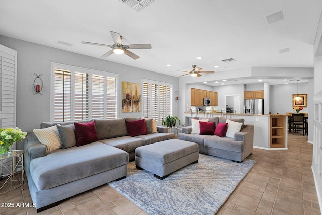 2452 W Muirfield Dr, Anthem, AZ 85086 - living room with visible vents, ceiling fan, and recessed lighting