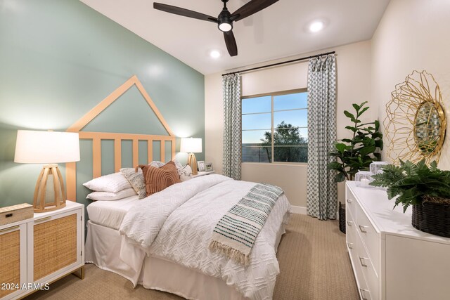 bedroom featuring light carpet, ceiling fan, and recessed lighting