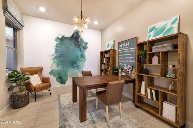 dining room featuring a chandelier, recessed lighting, baseboards, and light tile patterned floors