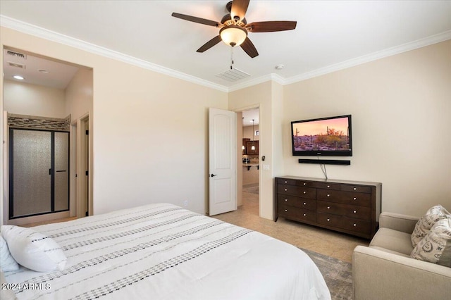 bedroom with light carpet, ornamental molding, and ceiling fan