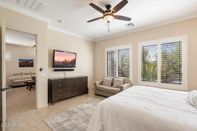 bedroom featuring ornamental molding, light tile patterned flooring, and ceiling fan