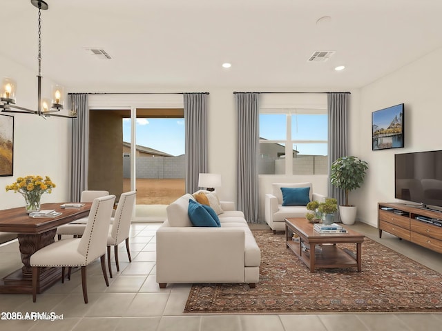 tiled living room with a chandelier