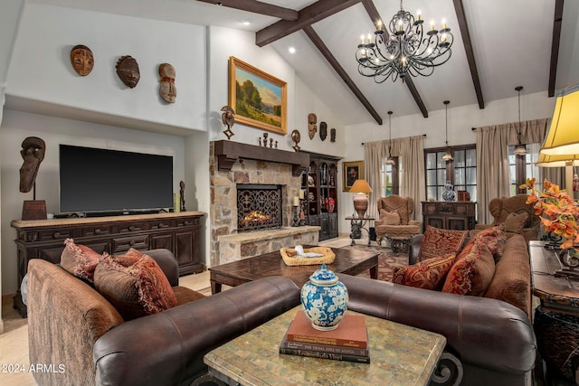 living room featuring a fireplace, beam ceiling, a chandelier, and high vaulted ceiling