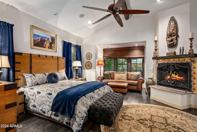 bedroom with ceiling fan, beamed ceiling, dark hardwood / wood-style floors, and high vaulted ceiling