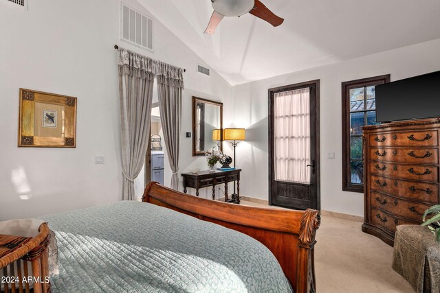 bedroom featuring light carpet, ceiling fan, and high vaulted ceiling