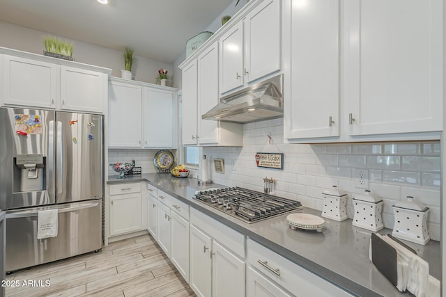 17253 W Echo Ln, Waddell, AZ 85355 - kitchen with appliances with stainless steel finishes, under cabinet range hood, white cabinetry, backsplash, and light wood-style floors