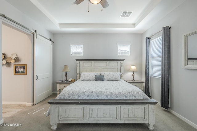 17253 W Echo Ln, Waddell, AZ 85355 - bedroom featuring a barn door, a tray ceiling, light carpet, and baseboards