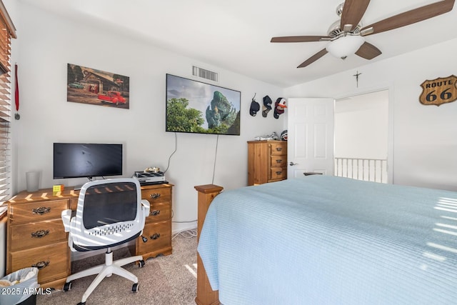 carpeted bedroom featuring ceiling fan