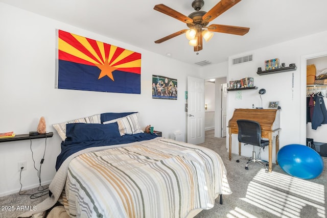 bedroom featuring ceiling fan and light colored carpet