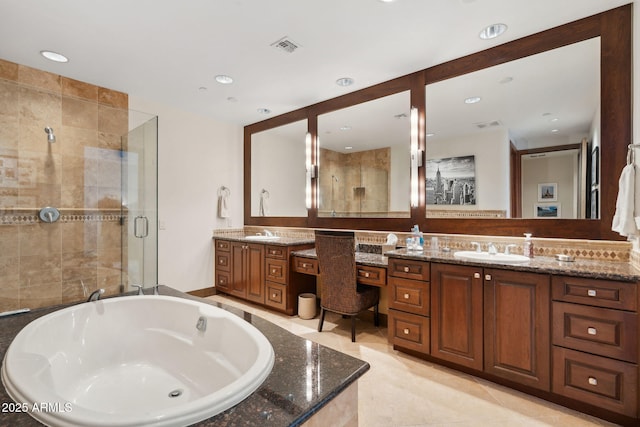 full bath with a shower stall, a garden tub, vanity, and recessed lighting