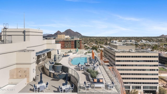 view of building exterior featuring a mountain view