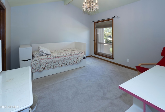 bedroom with carpet, vaulted ceiling with beams, and a chandelier