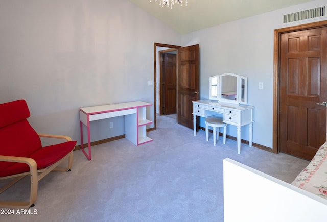 living area featuring light colored carpet, lofted ceiling, and an inviting chandelier