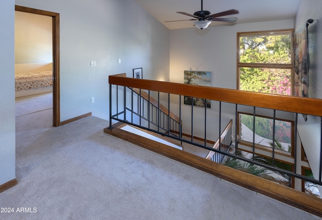 hallway featuring lofted ceiling and carpet flooring