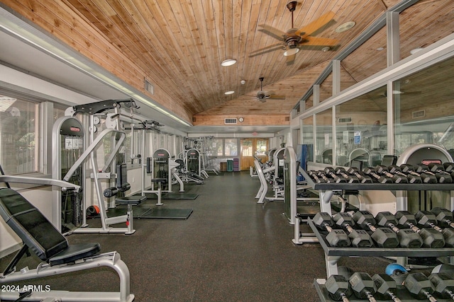 workout area featuring lofted ceiling, ceiling fan, and wood ceiling