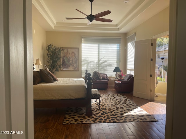 bedroom with hardwood / wood-style floors, ceiling fan, and a tray ceiling