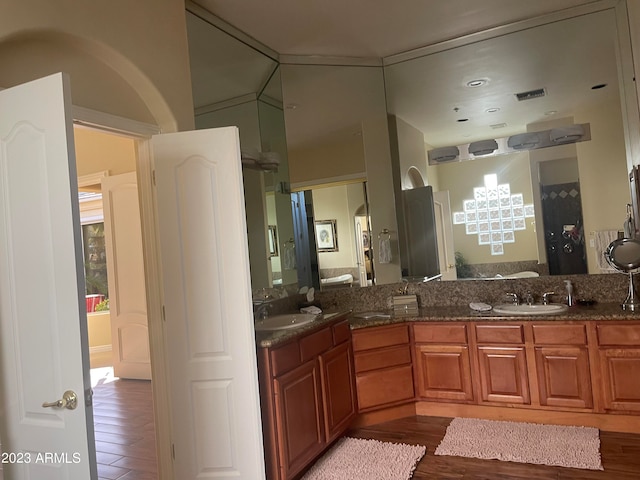 bathroom featuring hardwood / wood-style floors and vanity
