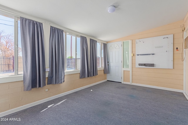 spare room with a healthy amount of sunlight, vaulted ceiling, and dark carpet