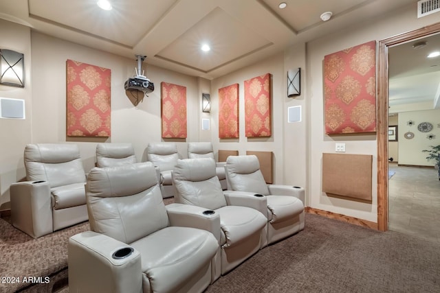home theater with carpet flooring, recessed lighting, and visible vents