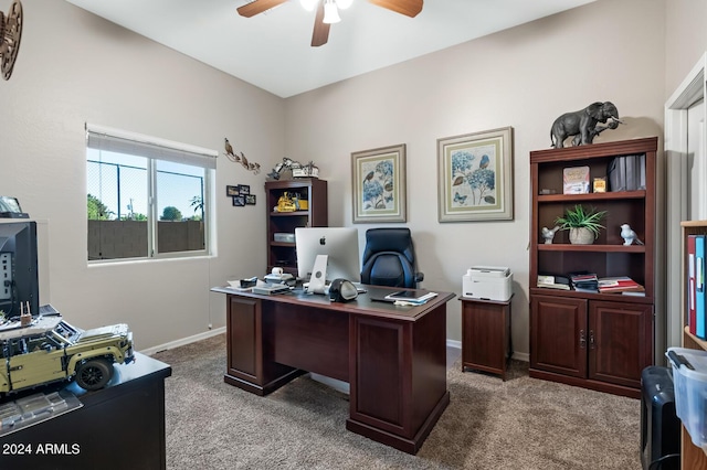 office with carpet floors, ceiling fan, and baseboards