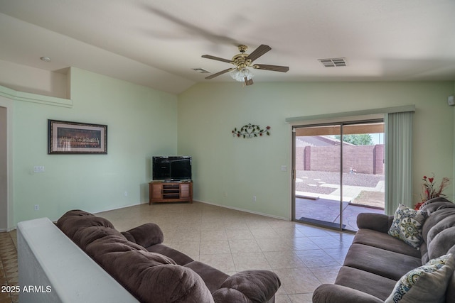 10618 W Pima St, Tolleson, AZ 85353 - living room featuring vaulted ceiling, ceiling fan, and light tile patterned floors