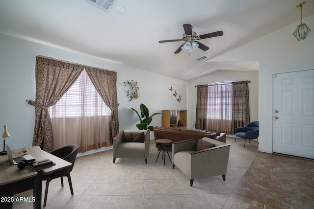 10618 W Pima St, Tolleson, AZ 85353 - living room with vaulted ceiling, ceiling fan, and light tile patterned floors
