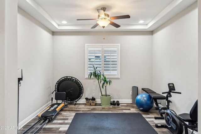 workout room with hardwood / wood-style floors, ceiling fan, and a tray ceiling