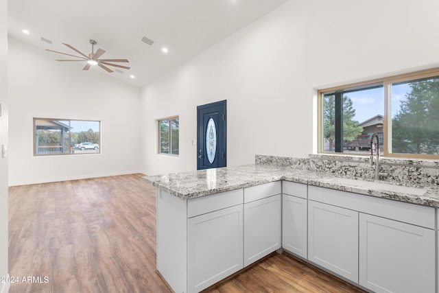 kitchen with sink, kitchen peninsula, light stone countertops, hardwood / wood-style floors, and white cabinets