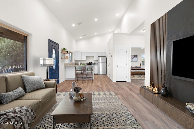 living room with high vaulted ceiling and light hardwood / wood-style floors