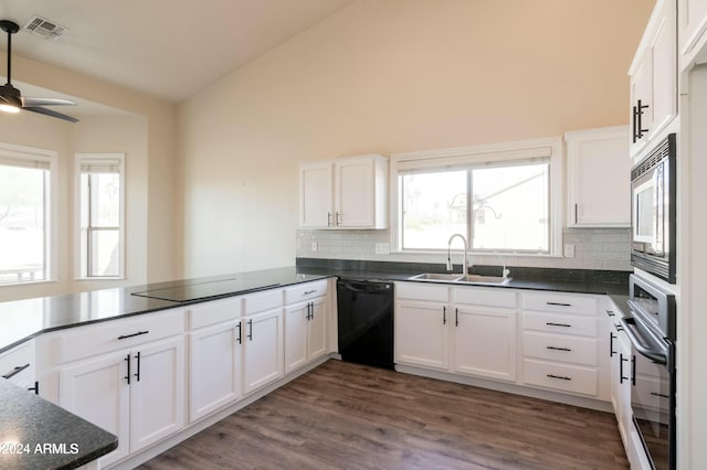 kitchen with black appliances, white cabinetry, and sink