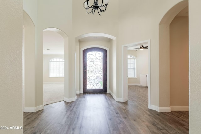 foyer entrance featuring a high ceiling, an inviting chandelier, and wood-type flooring