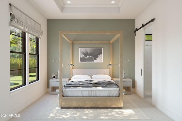 carpeted bedroom featuring a raised ceiling, crown molding, and a barn door