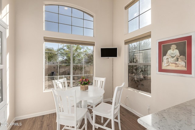 dining space with a towering ceiling, plenty of natural light, and dark wood-type flooring