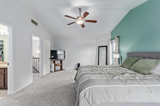 4049 E Arbor Ave, Mesa, AZ 85206 - bedroom featuring vaulted ceiling, carpet flooring, ceiling fan, baseboards, and ensuite bath