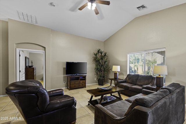 living room featuring light tile patterned floors, visible vents, ceiling fan, and vaulted ceiling