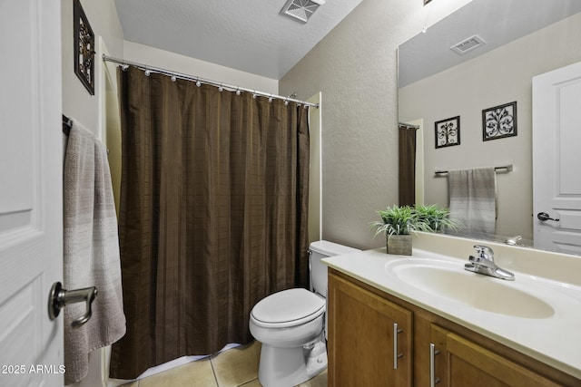 full bath featuring visible vents, toilet, tile patterned flooring, and a textured wall