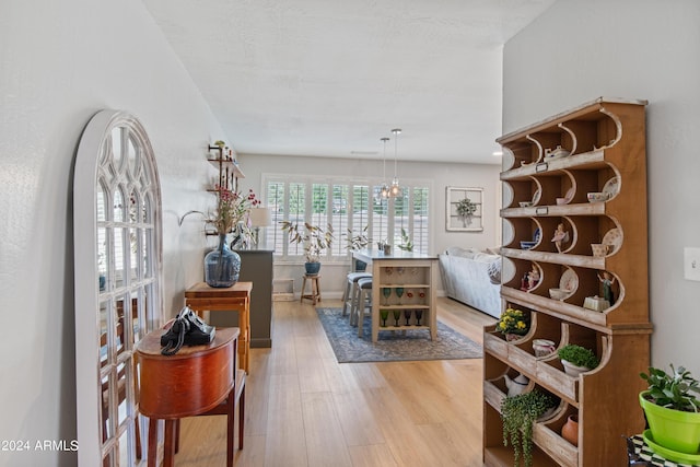 interior space with light hardwood / wood-style flooring and a textured ceiling