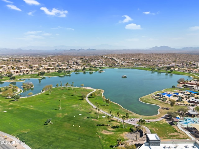 birds eye view of property featuring a water and mountain view