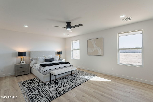 bedroom featuring light wood-type flooring, visible vents, and baseboards